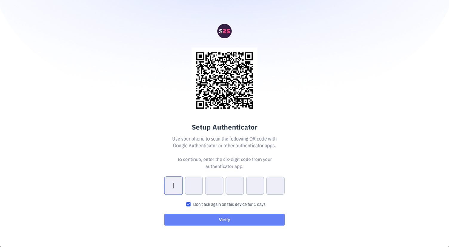 The multi-factor authentication setup page, showing the QR code you need to scan and input for your six-digit code.